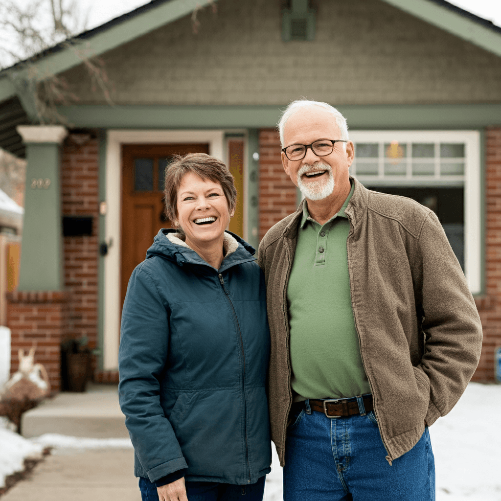 Happy homeowners checking their home value